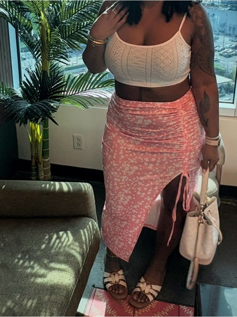 SHEIN Pink Floral Ruched Wrap Maxi Skirt & tank